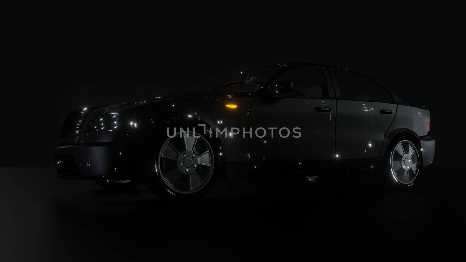 Black Brandless Car on Dark Background. 3D illustration. Futuristic car paint with bright luminous chaotic patterns