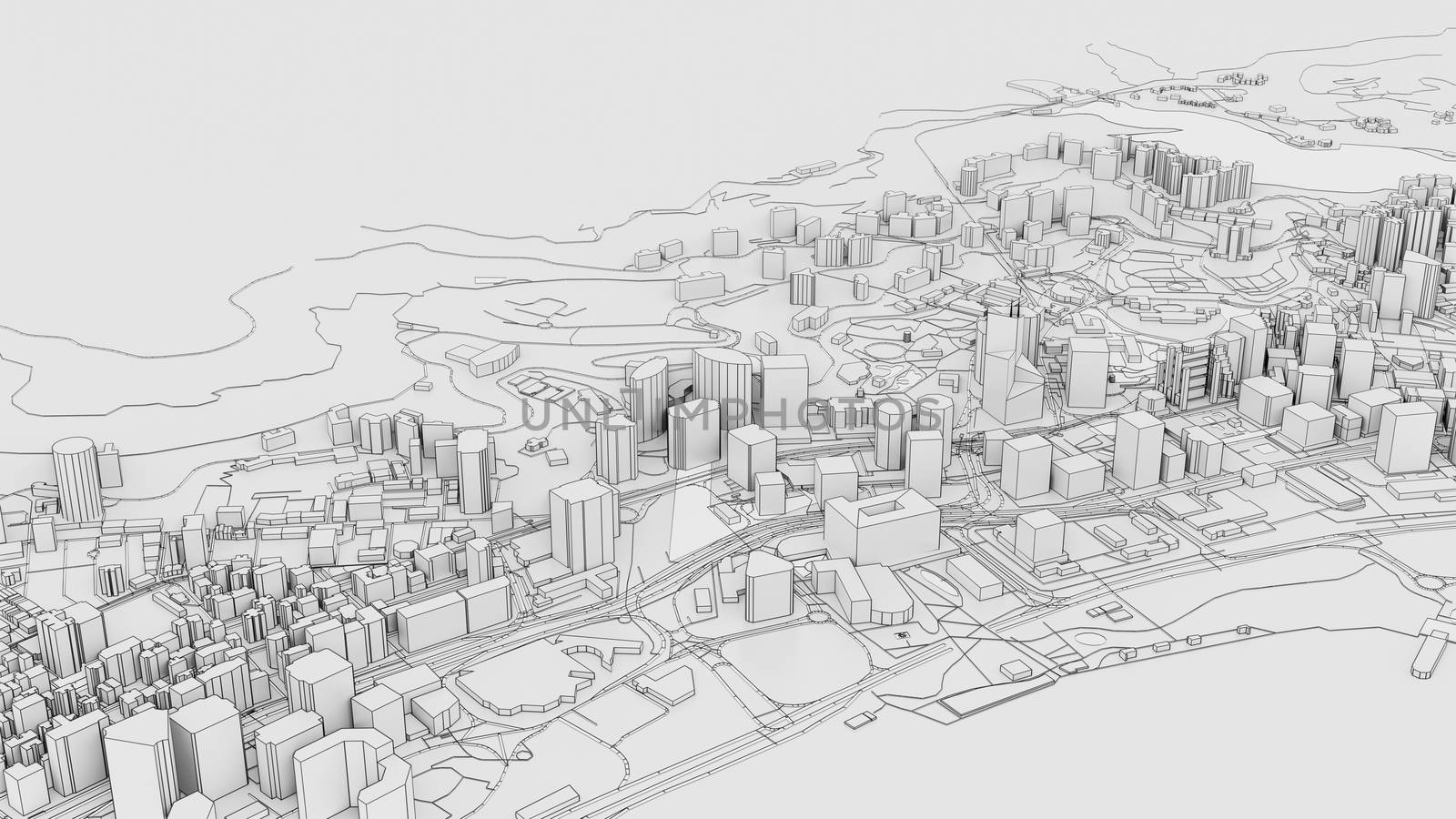 3D white city model. Outline 3D illustration. City with buildings, roads, spending and green areas. Aerial view. Construction concept