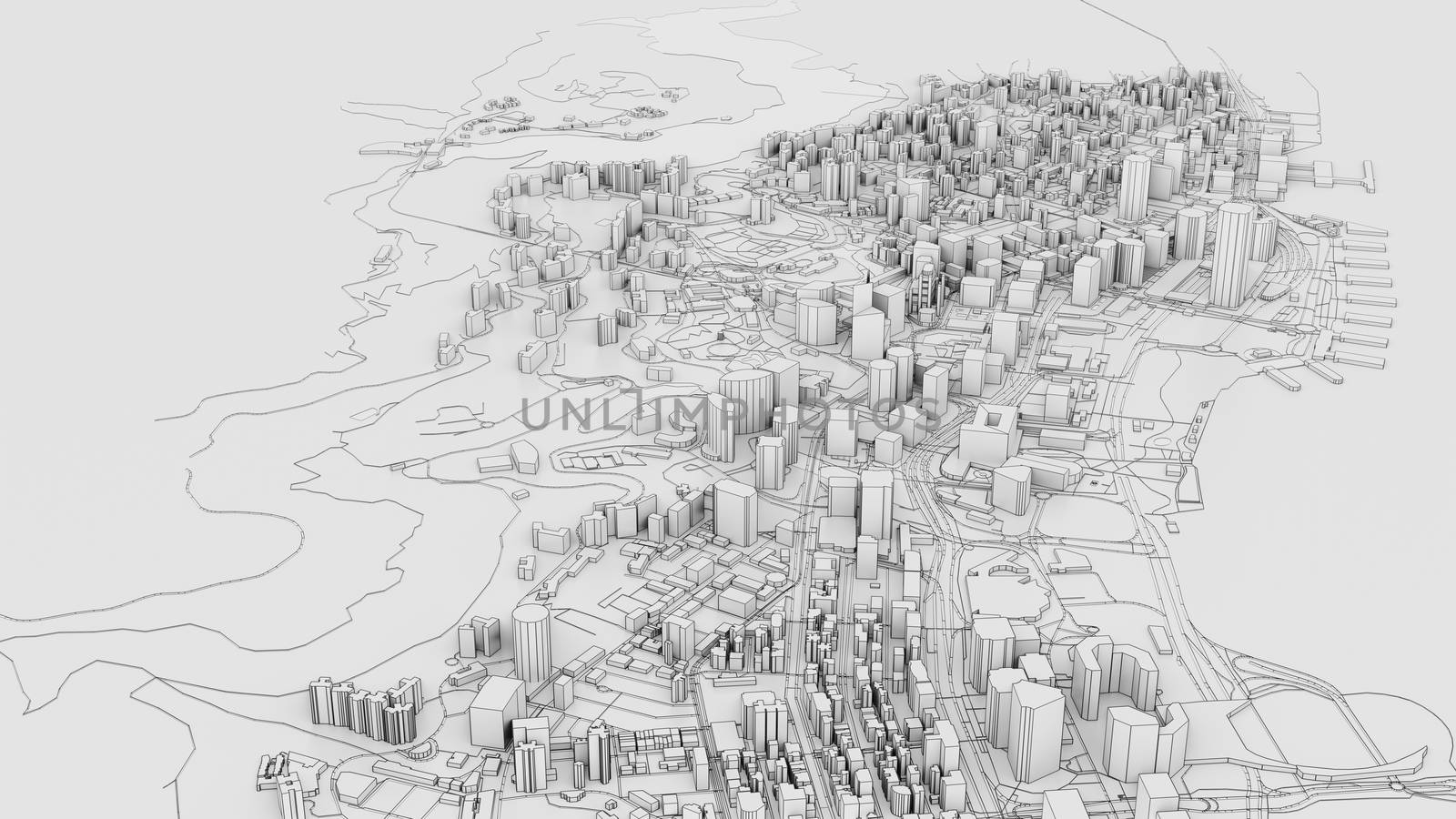 3D white city model. Outline 3D illustration. City with buildings, roads, spending and green areas. Aerial view. Construction concept