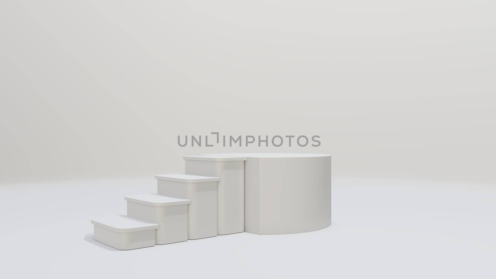 Ladder to the podium. Empty space for your content. Background to advertise your content. 3D illustration. White pastel color