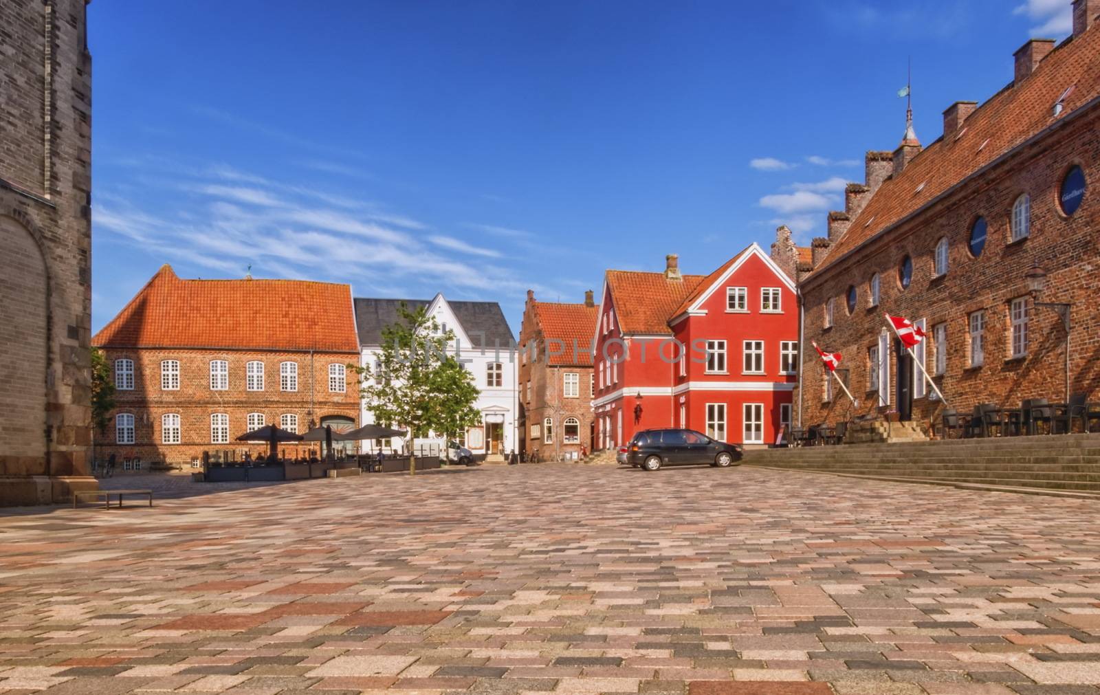 Our Lady Maria Cathedral square in Ribe by beautiful day, Denmark