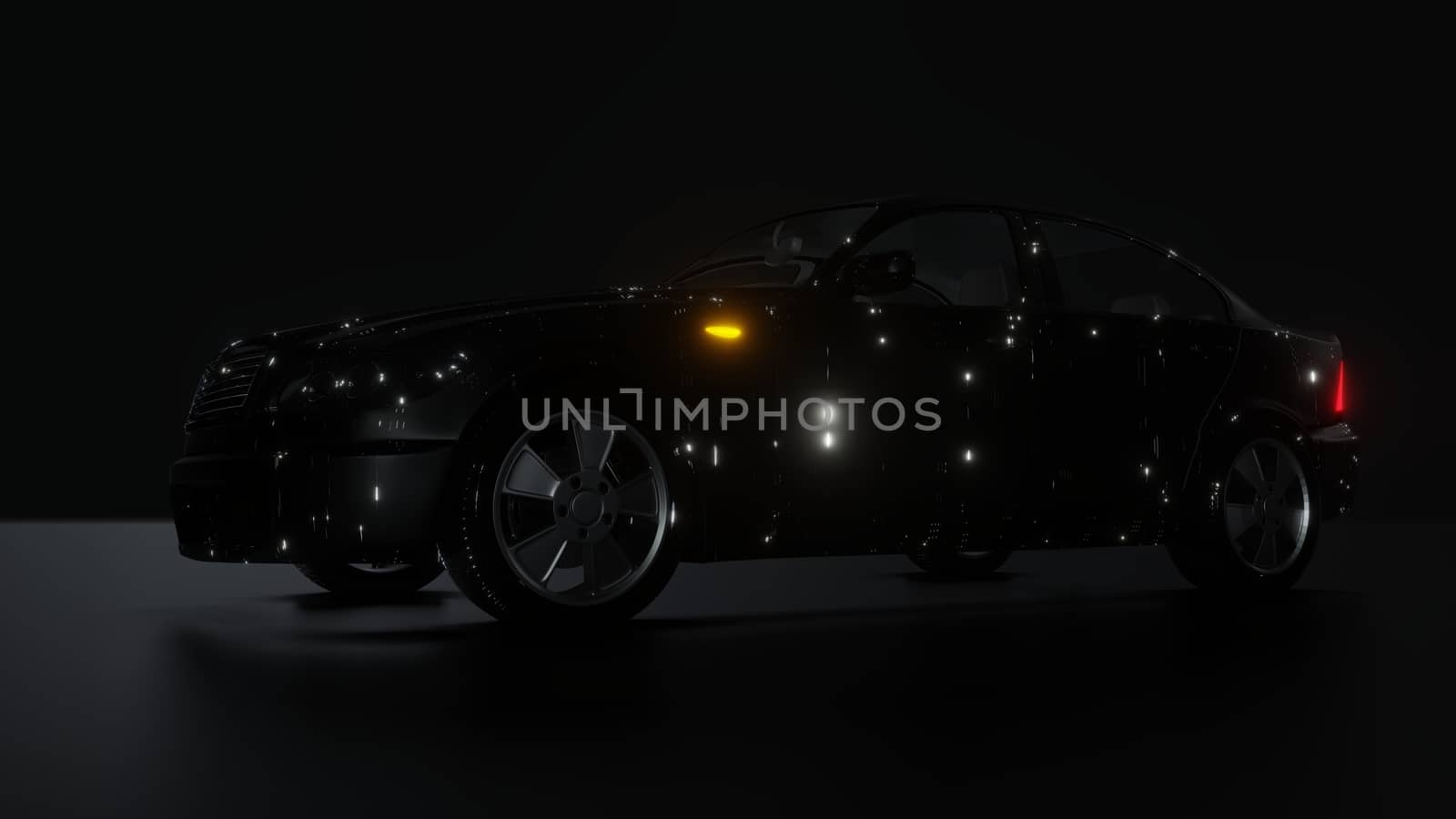 Black Brandless Car on Dark Background. 3D illustration. Futuristic car paint with bright luminous chaotic patterns