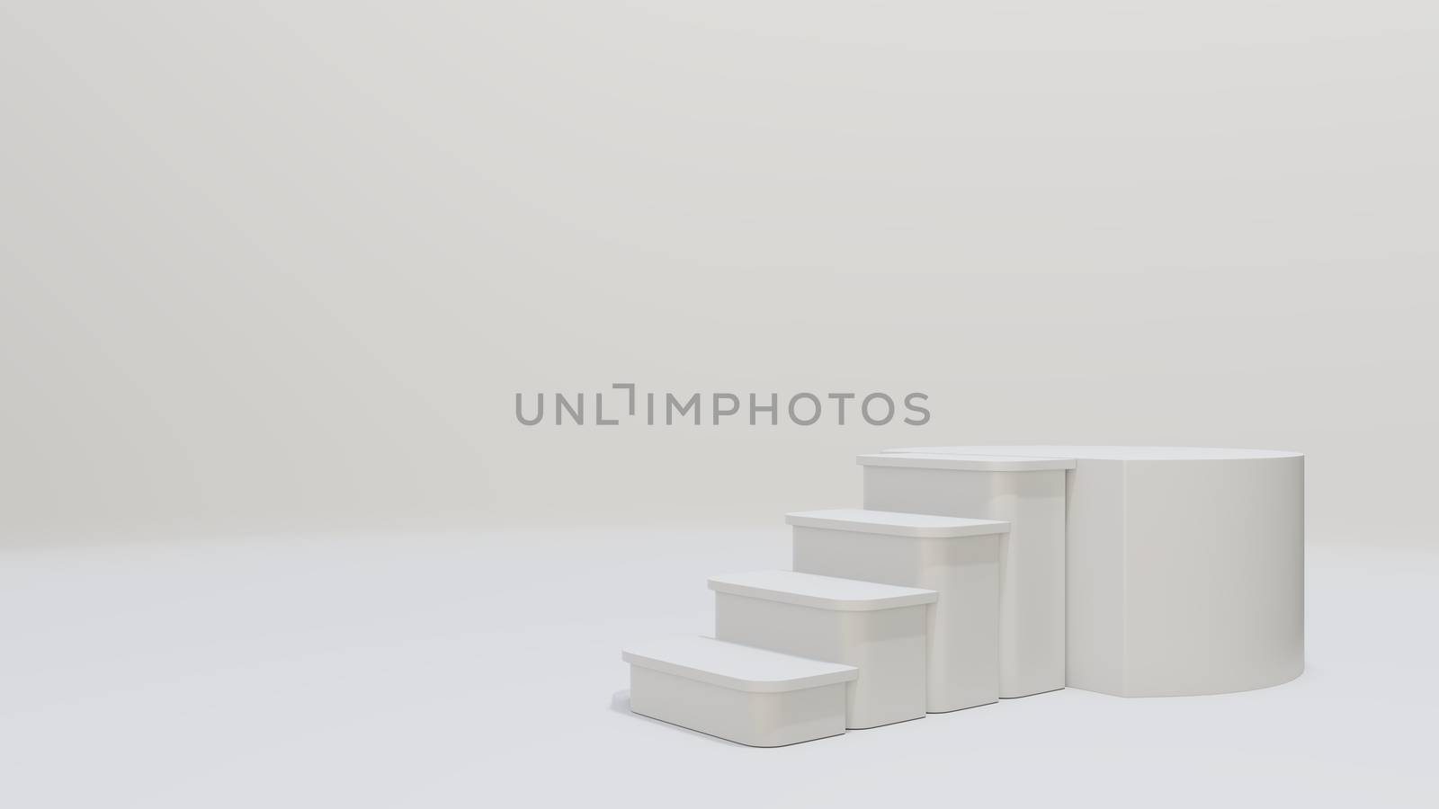 Ladder to the podium. Empty space for your content. Background to advertise your content. 3D illustration. White pastel color