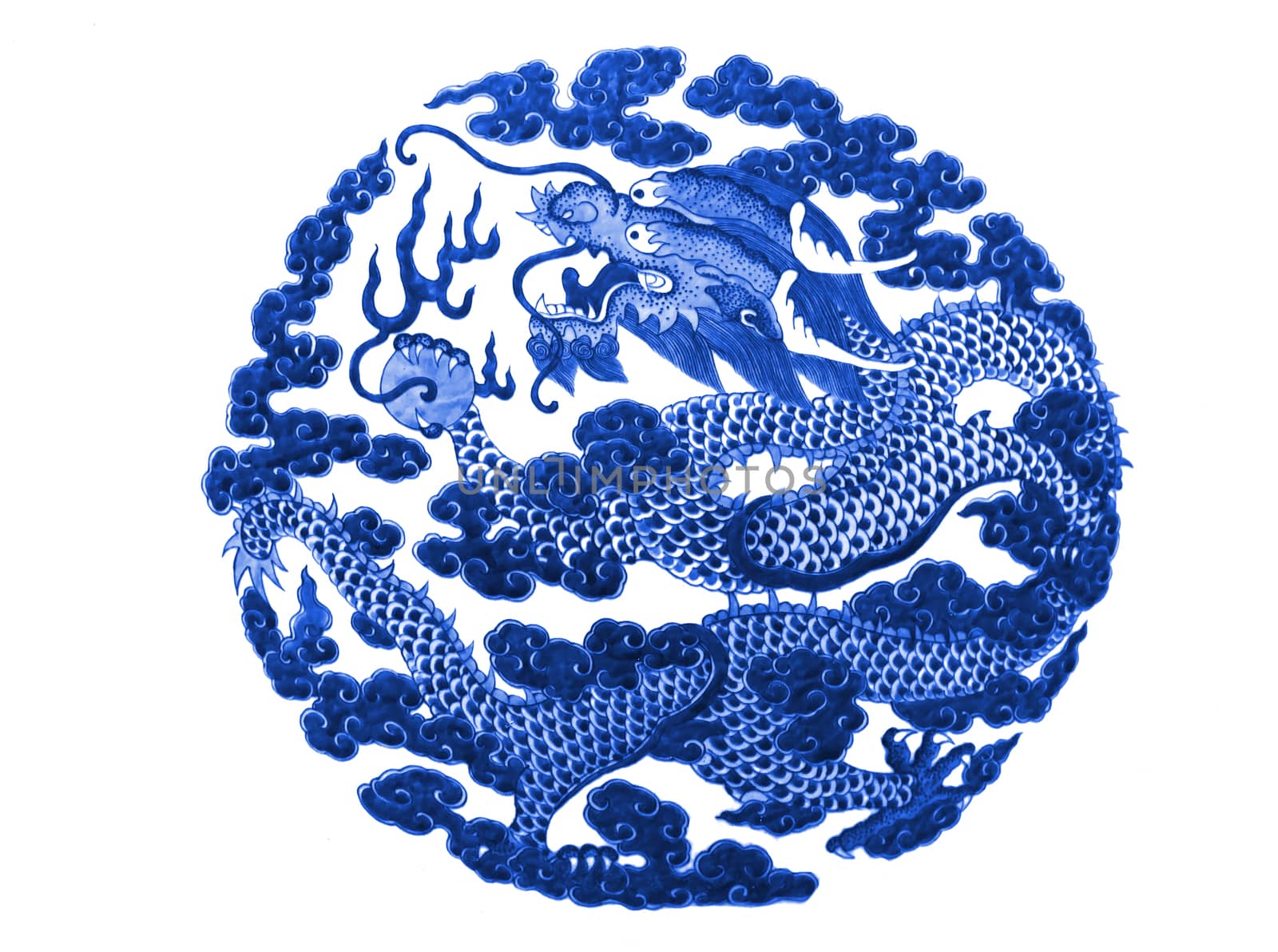 Chinese dragon painted on a ceramic vase with cobalt blue glaze