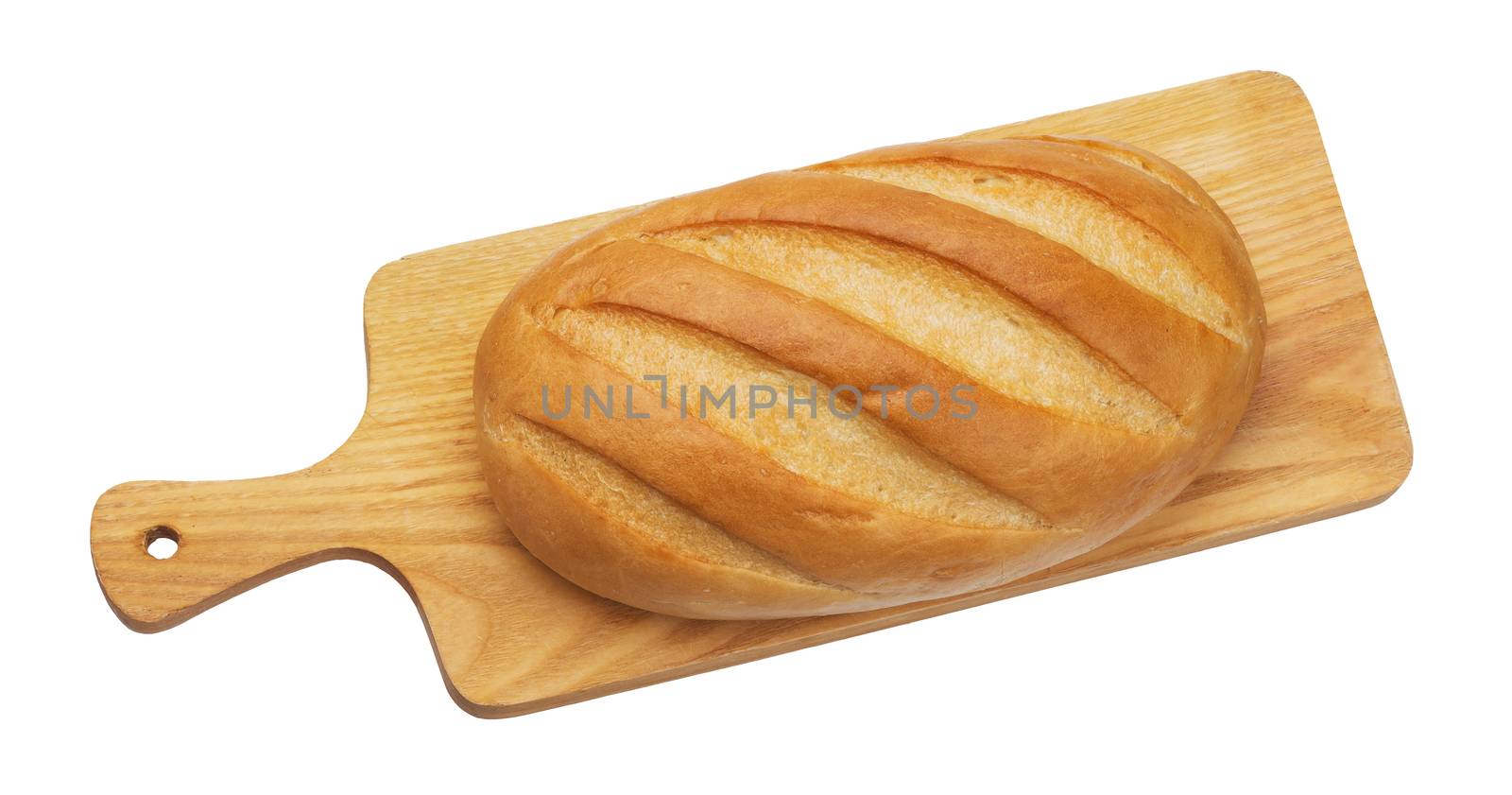 Long loaf on wooden cutting board isolated on white background with clipping path, top view