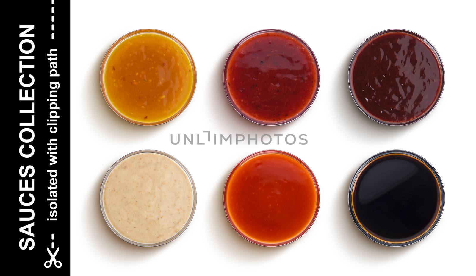 Different sauces isolated on white background, top view by xamtiw