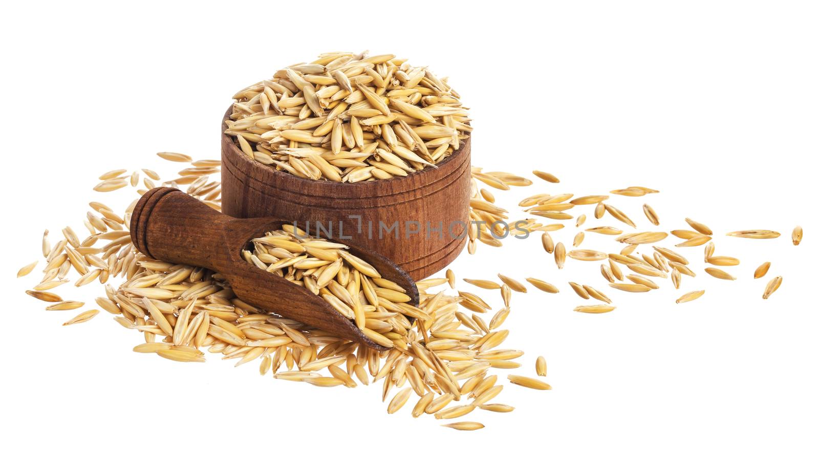 Oat seeds in scoop isolated on white background with clipping path