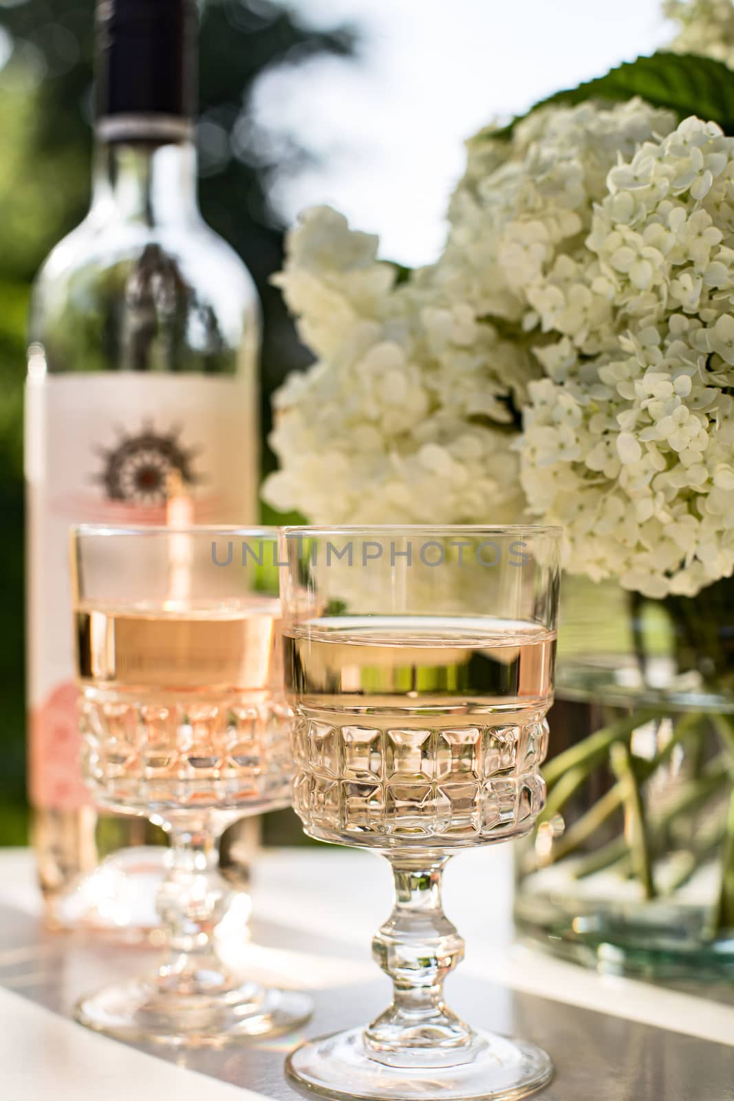 Rose blush wine in glasses. Bottle of rose wine with flowers on background. Prosecco. by Denys_N