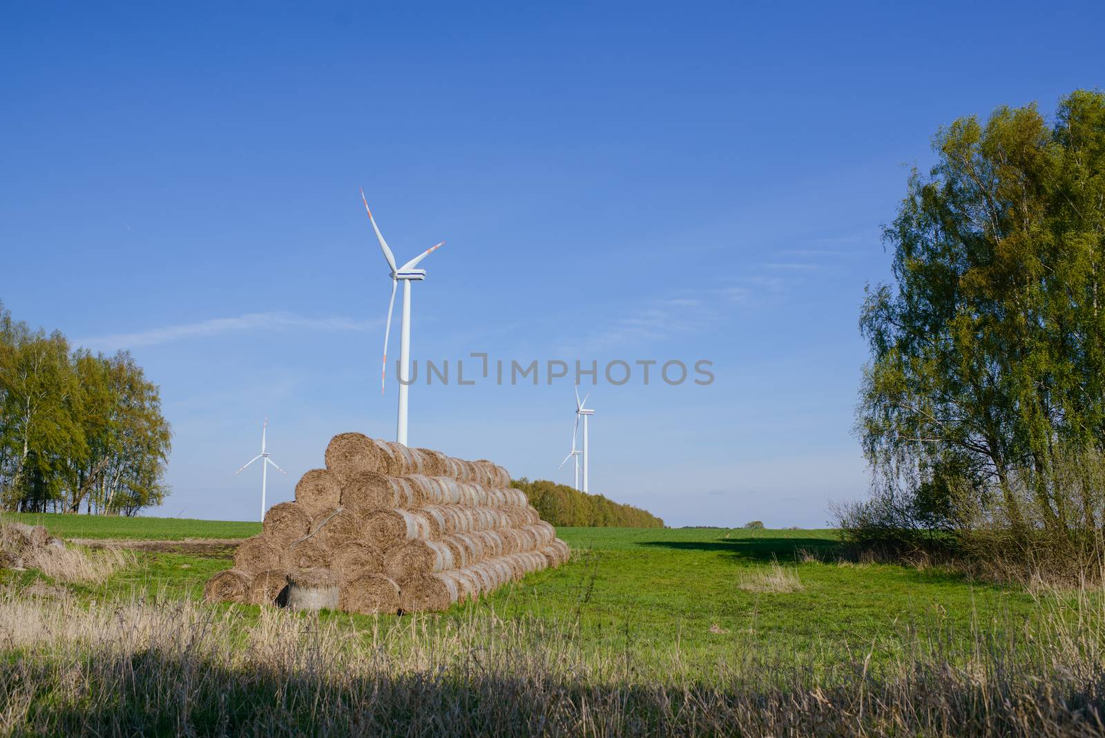 Bright blue sky moving and wind turbine.