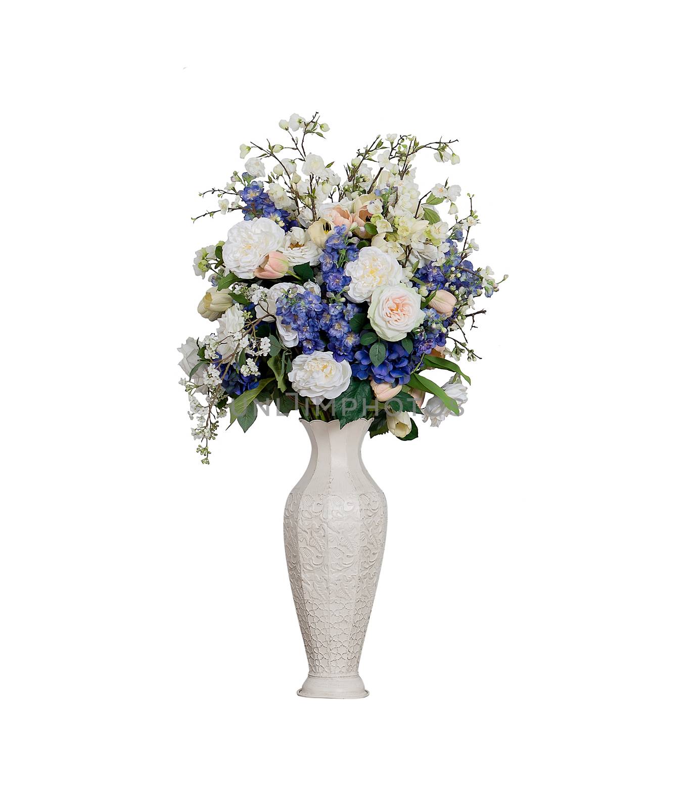 flowers in vase, white blue, retro white vase in cracks, isolated on white background