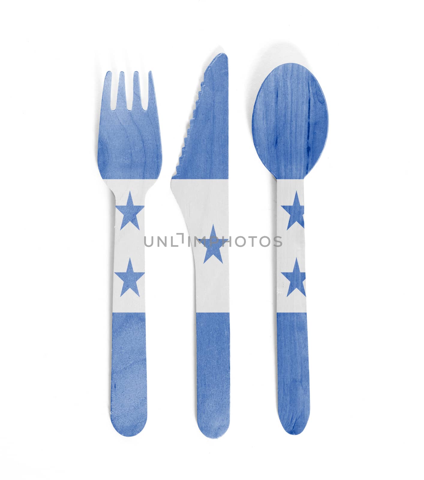 Eco friendly wooden cutlery - Plastic free concept - Isolated - Flag of Honduras