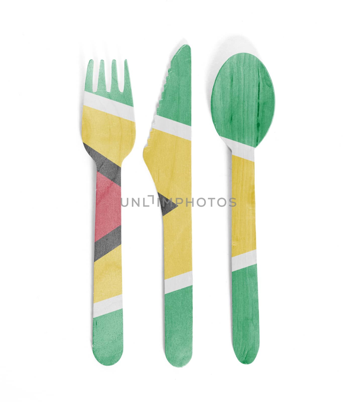 Eco friendly wooden cutlery - Plastic free concept - Isolated - Flag of Guyana