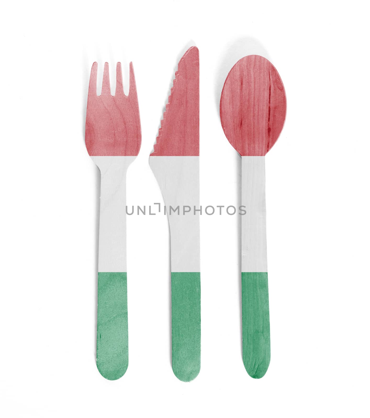 Eco friendly wooden cutlery - Plastic free concept - Isolated - Flag of Hungary