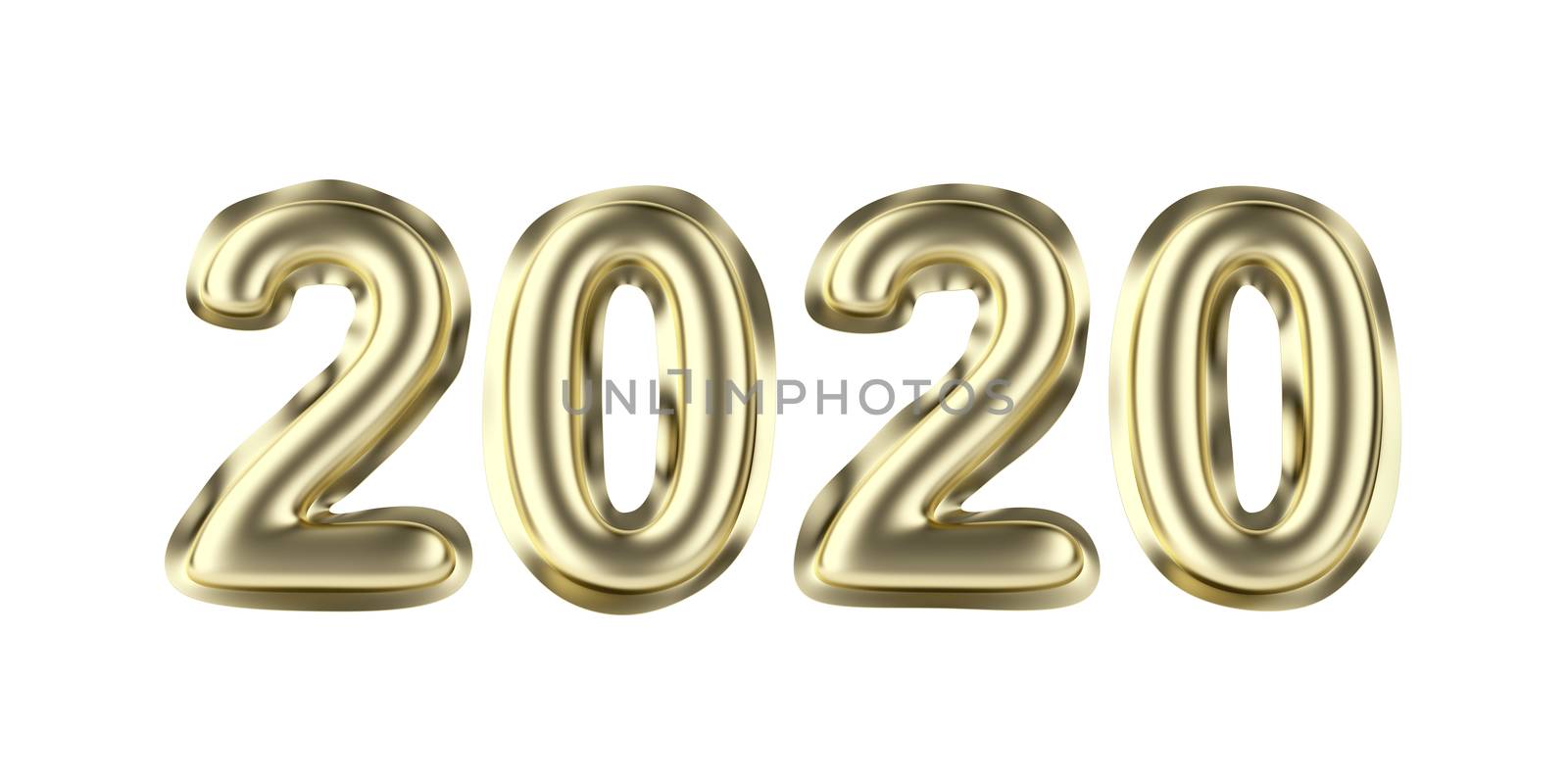 Happy new year 2020. Concept image with golden balloons, front view.