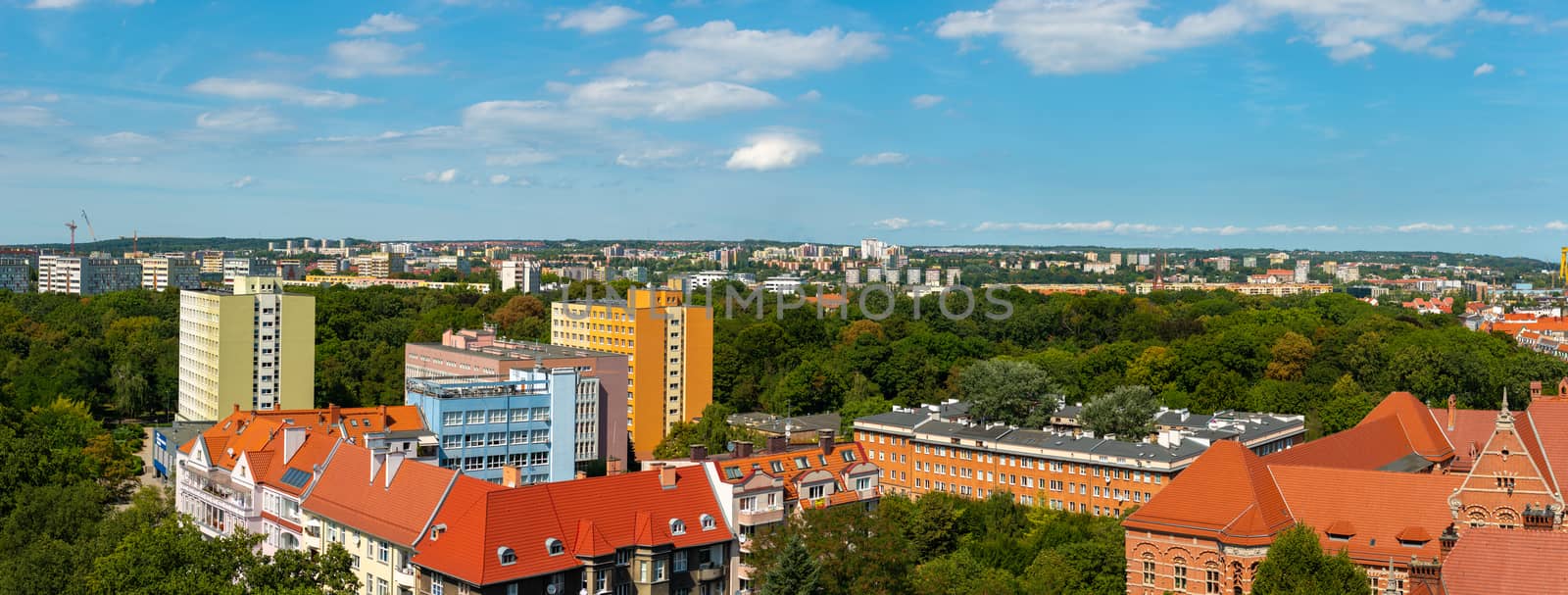 Left bank of the Oder river in Szczecin with the maritime museum and the terraces