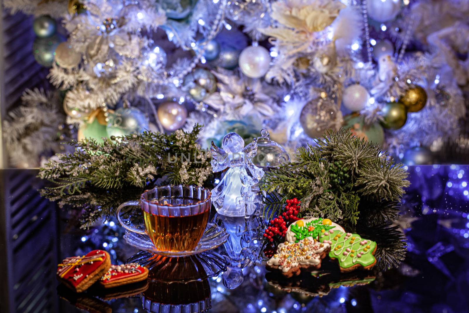 New year tree and food on a glass background