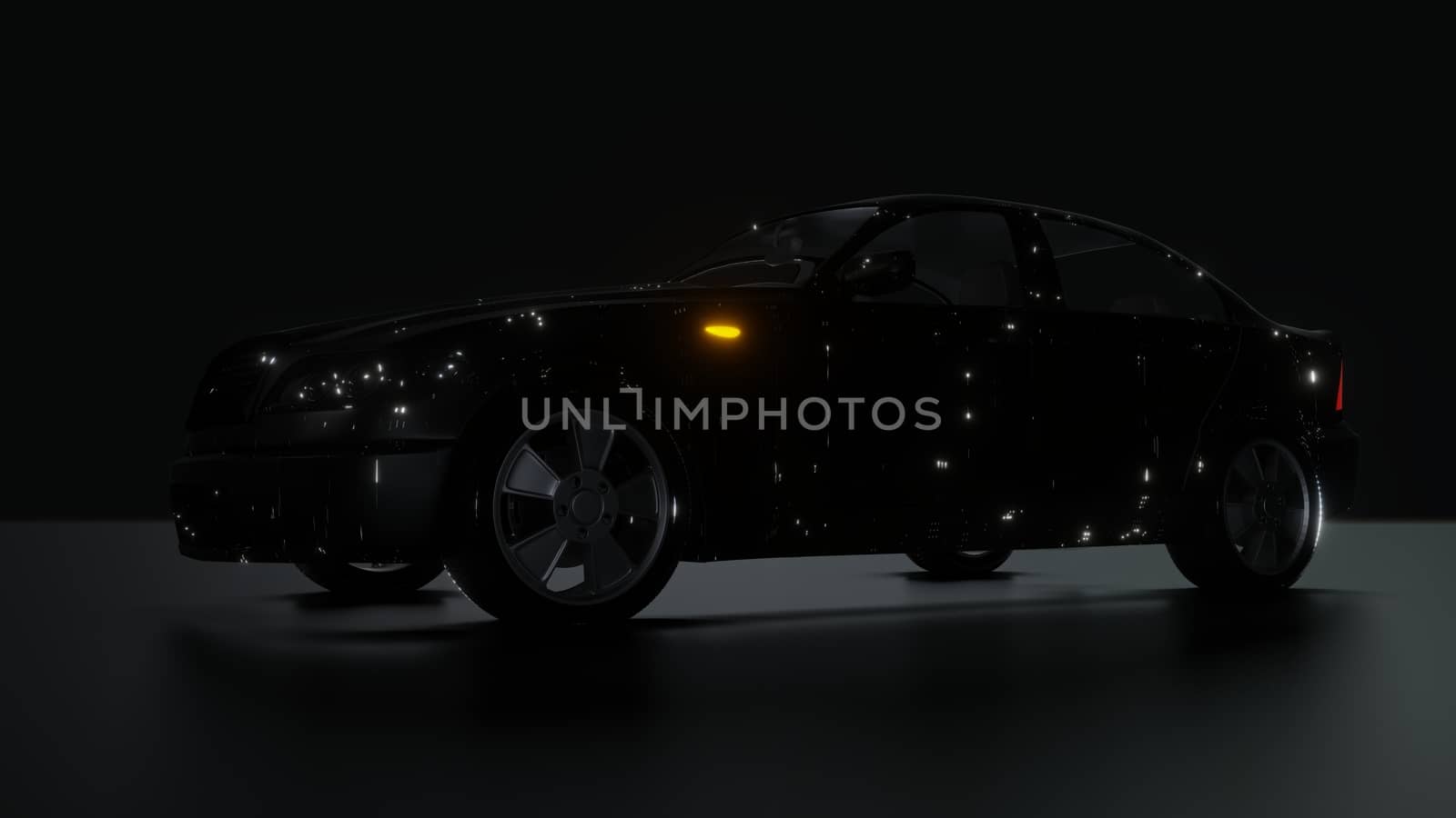 Black Brandless Car on Dark Background. 3D illustration. Futuristic car paint with bright luminous chaotic patterns