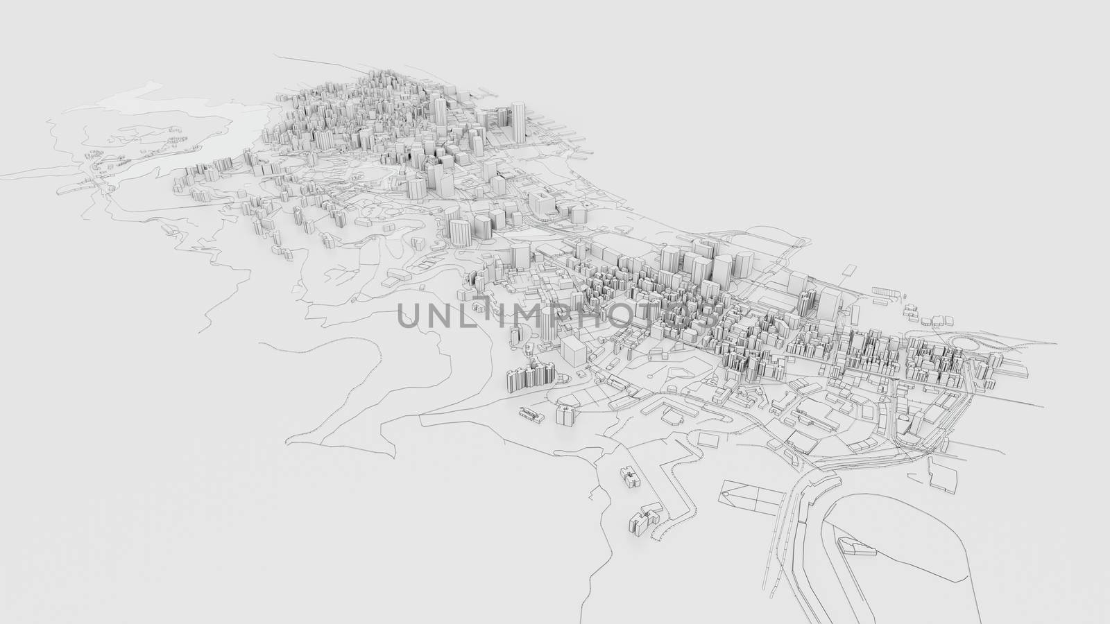 3D white city model. Outline 3D illustration. City with buildings, roads, spending and green areas. Aerial view. Construction concept