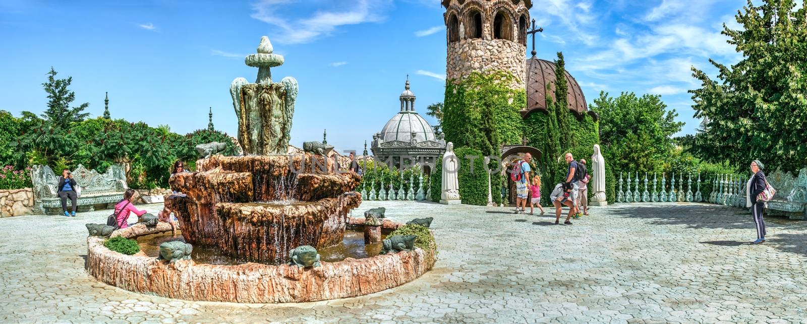 Ravadinovo, Bulgaria – 07.11.2019.  Fountain in the square near the church on the territory of the Ravadinovo castle in Bulgaria, on a sunny summer day