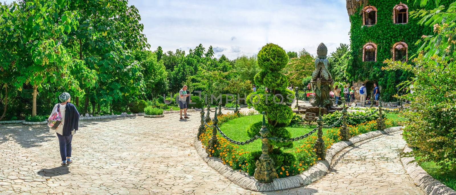 Ravadinovo, Bulgaria – 07.11.2019.  Square with a fountain in the castle of Ravadinovo Park, Bulgaria, on a sunny summer day