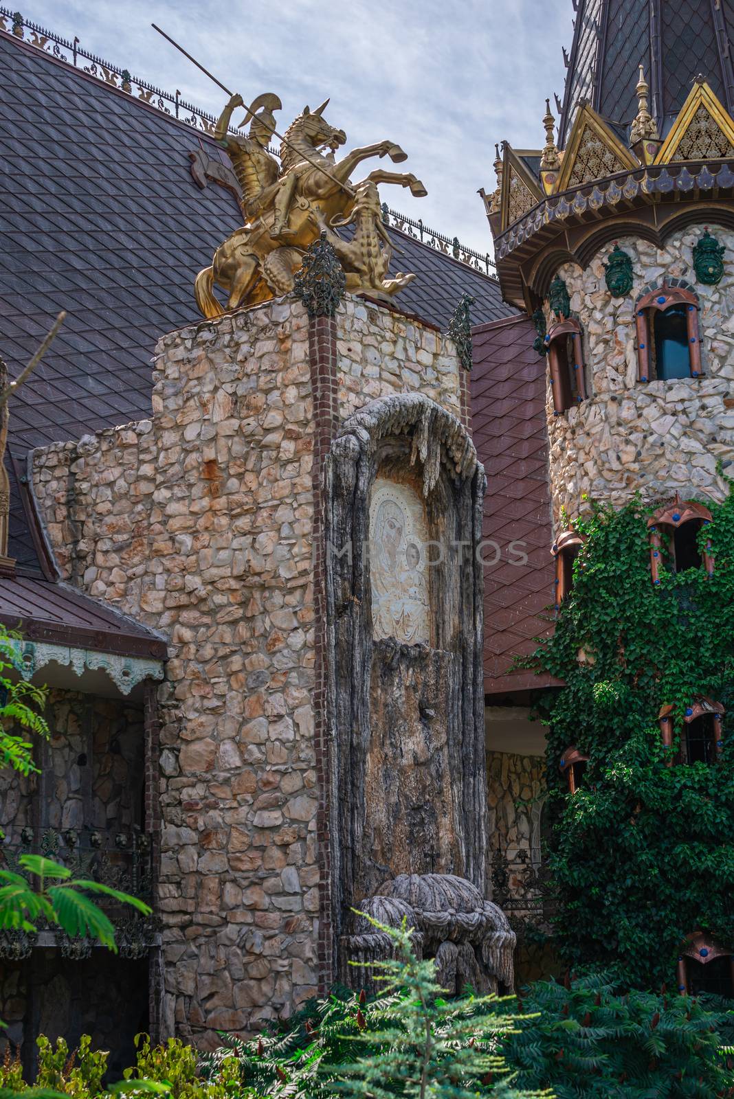 Ravadinovo, Bulgaria – 07.11.2019.  Sculpture on the roof of the castle of Ravadinovo, Bulgaria, on a summer sunny day