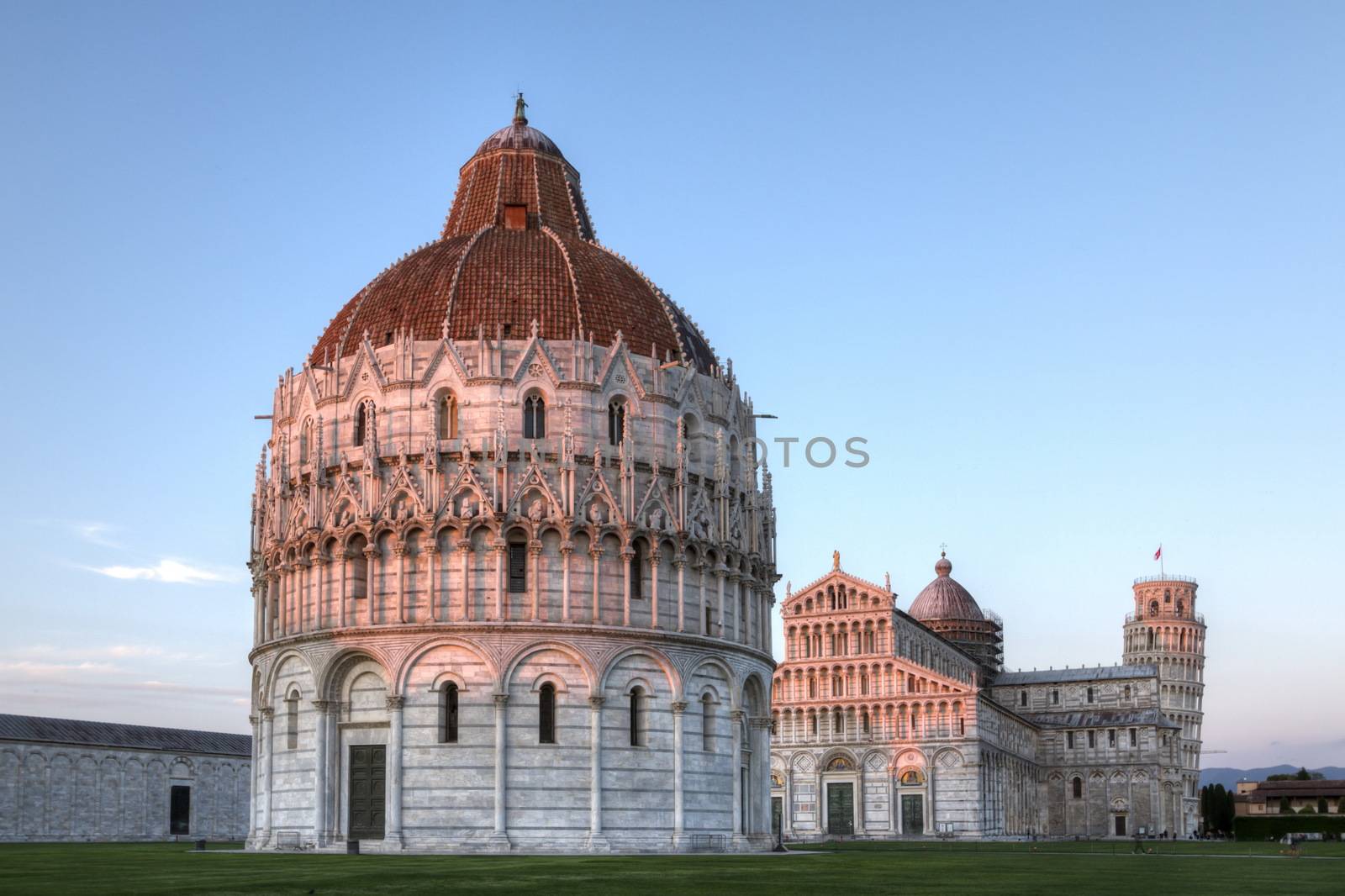 Piazza dei miracoli with the Basilica and the leaning tower by sunset, Pisa, Italy, HDR