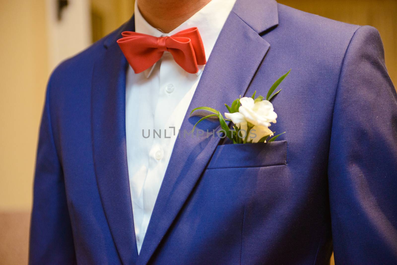 Groom's wedding accessories. Bow tie, suit, cufflinks, belt and shoes