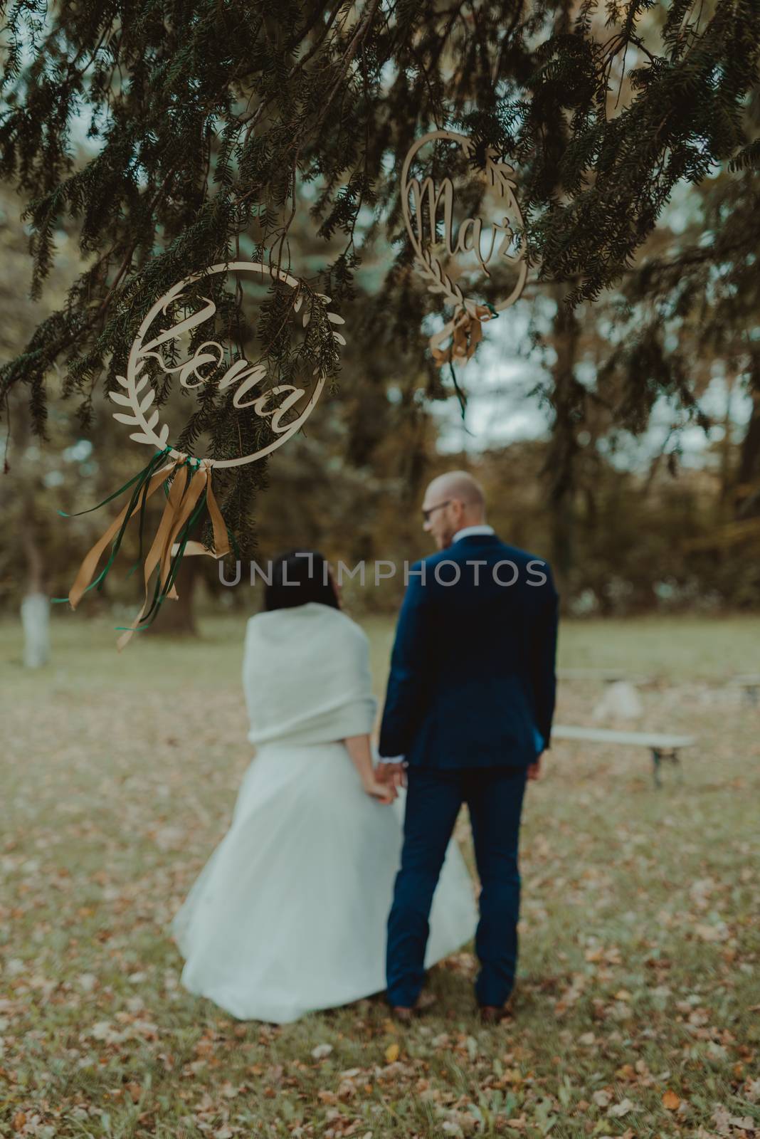 Bride and groom at a photo session in the nature.