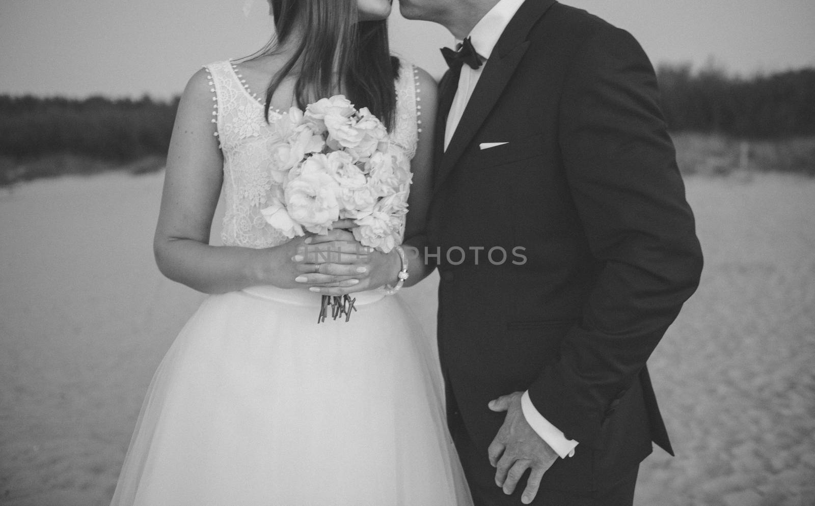 Bride and groom at a photo session in the nature. Baltic sea beach.