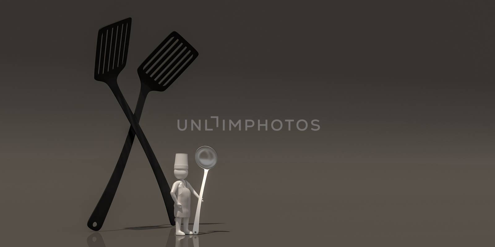 3d illustrator group of career chef symbols on a gray background, 3d rendering of the cooking. Includes a selection path.