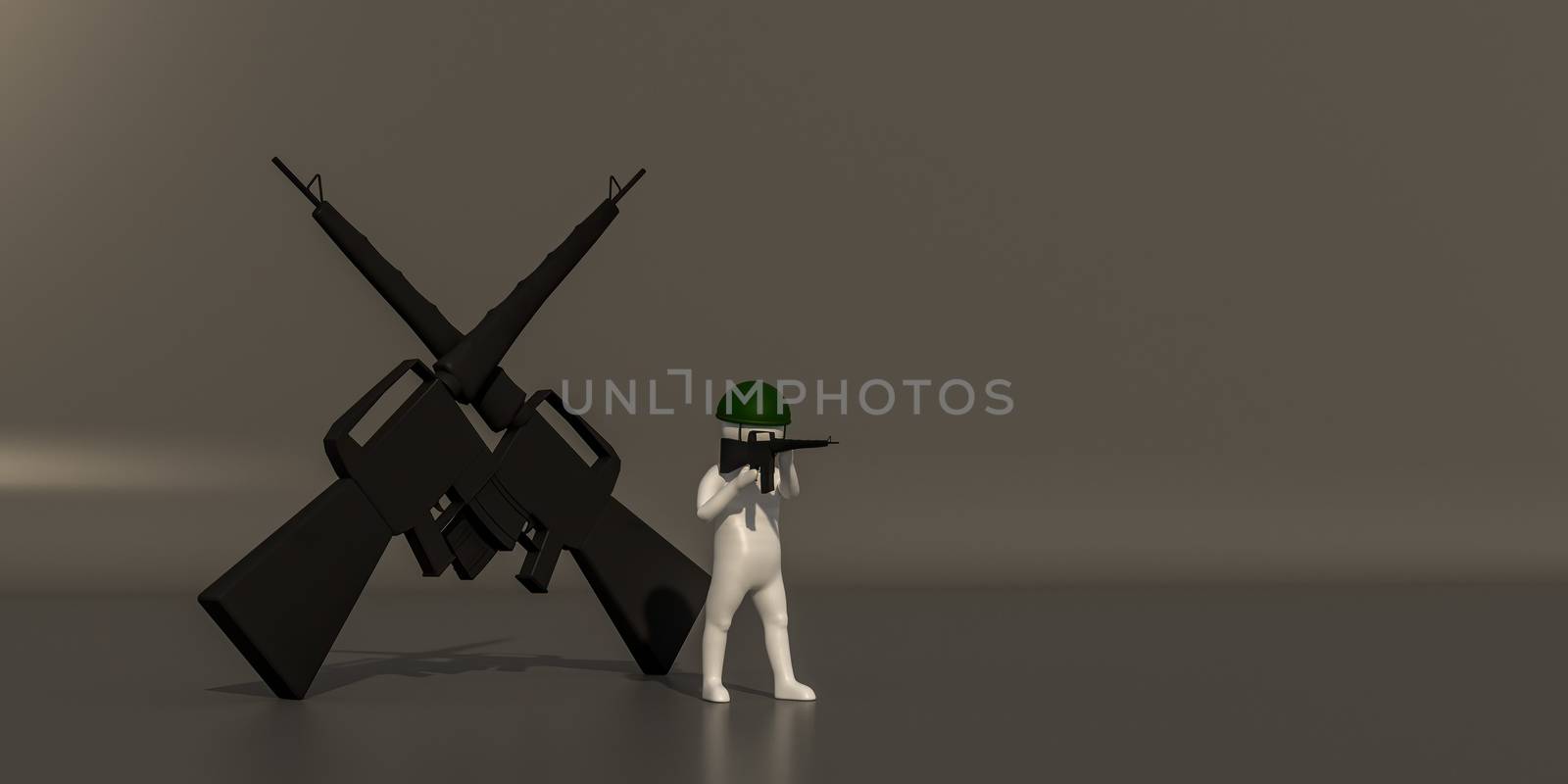 3d illustrator group of career symbols on a gray background, 3d rendering of the Soldiers and weapons of war. Includes a selection path.