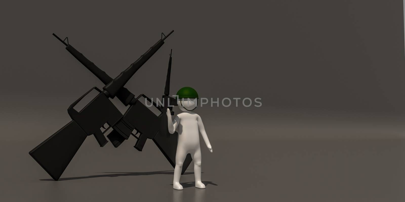 3d illustrator group of career symbols on a gray background, 3d rendering of the Soldiers and weapons of war. Includes a selection path.