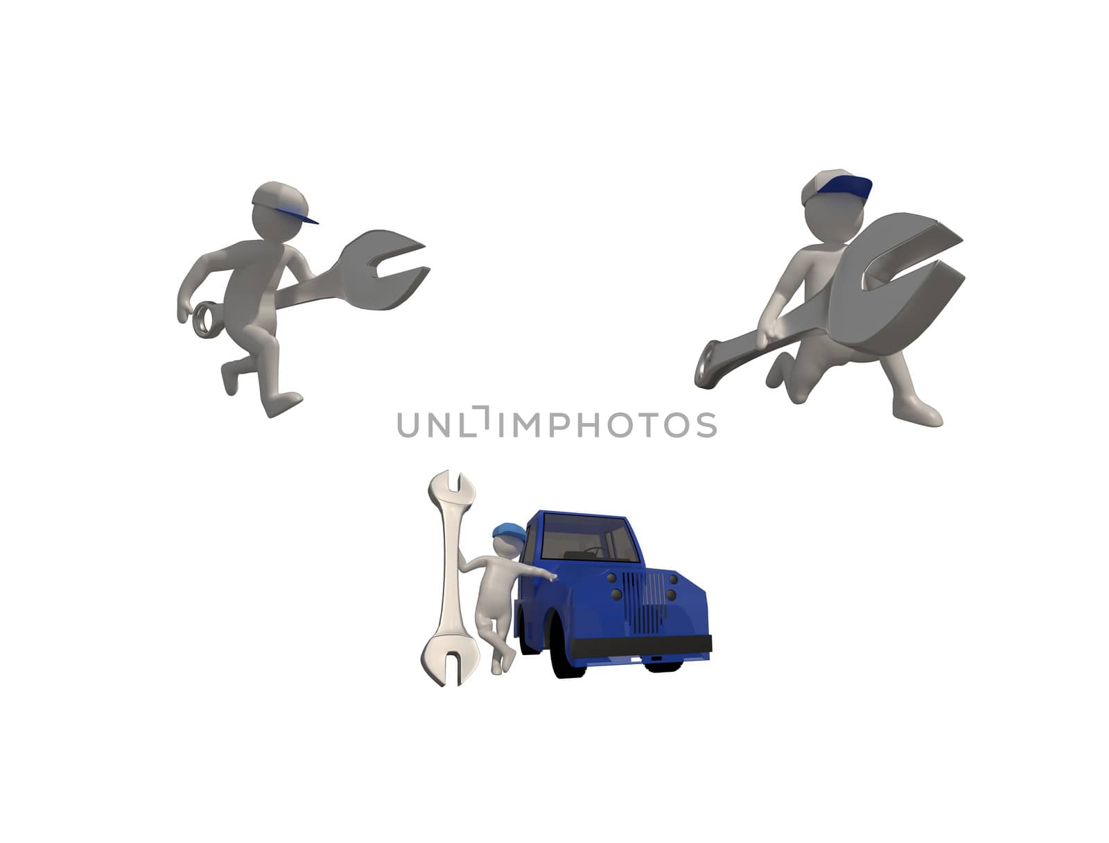 3d illustrator group of career Maintenance  symbols on a gray background, 3d rendering of the Mechanic work. Includes a selection path.