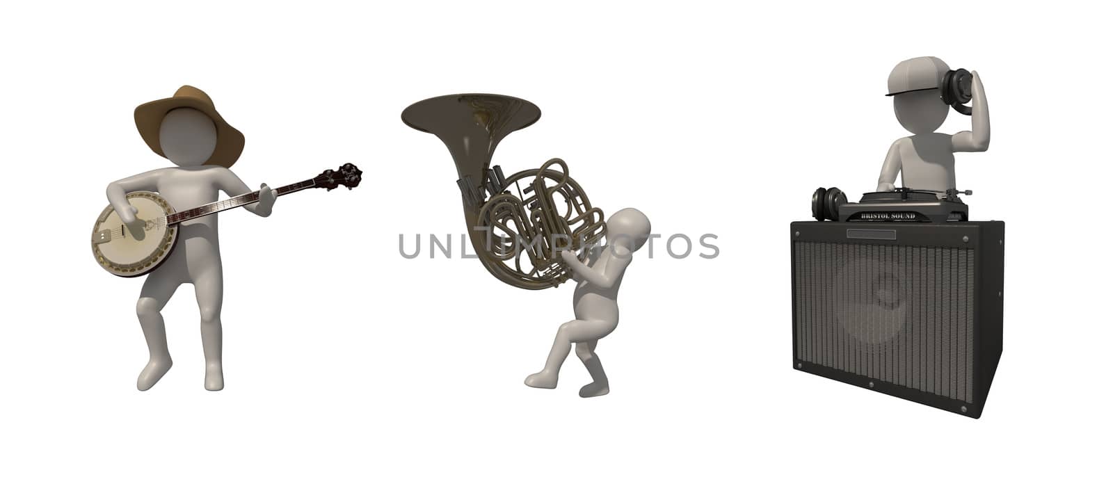 3d illustrator group of career musician symbols on a gray background, 3d rendering of the Music player. Includes a selection path.