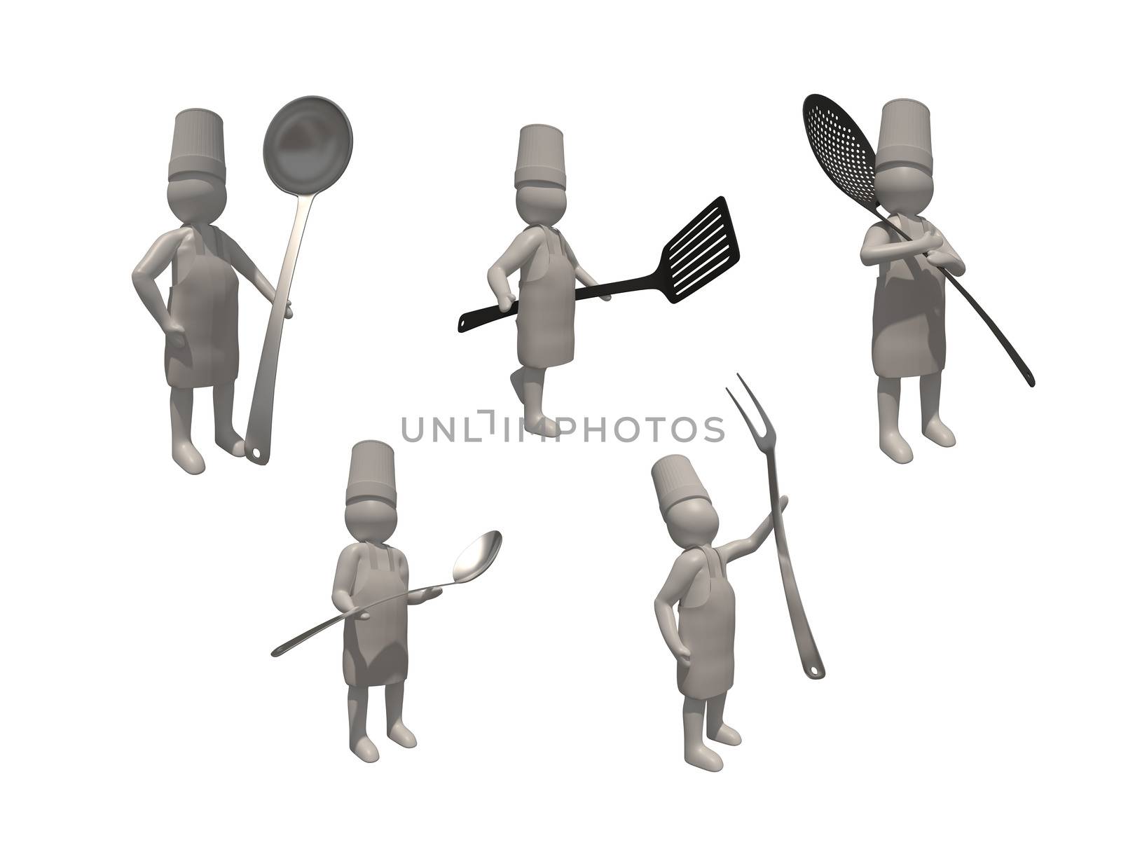 3d illustrator group of career chef symbols on a gray background, 3d rendering of the cooking. Includes a selection path.