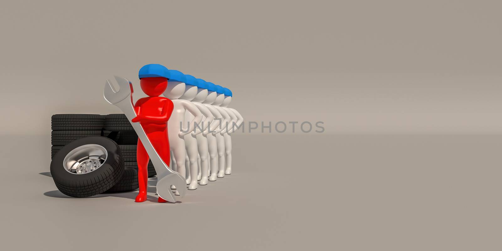 3d illustrator group of tire repairer symbols on gray background, 3d rendering of the playing football. Includes selection path.