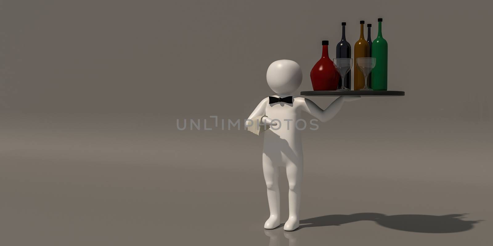 3d illustrator group of career symbols on a gray background, 3d rendering of the Waiter at restaurant. Includes a selection path.