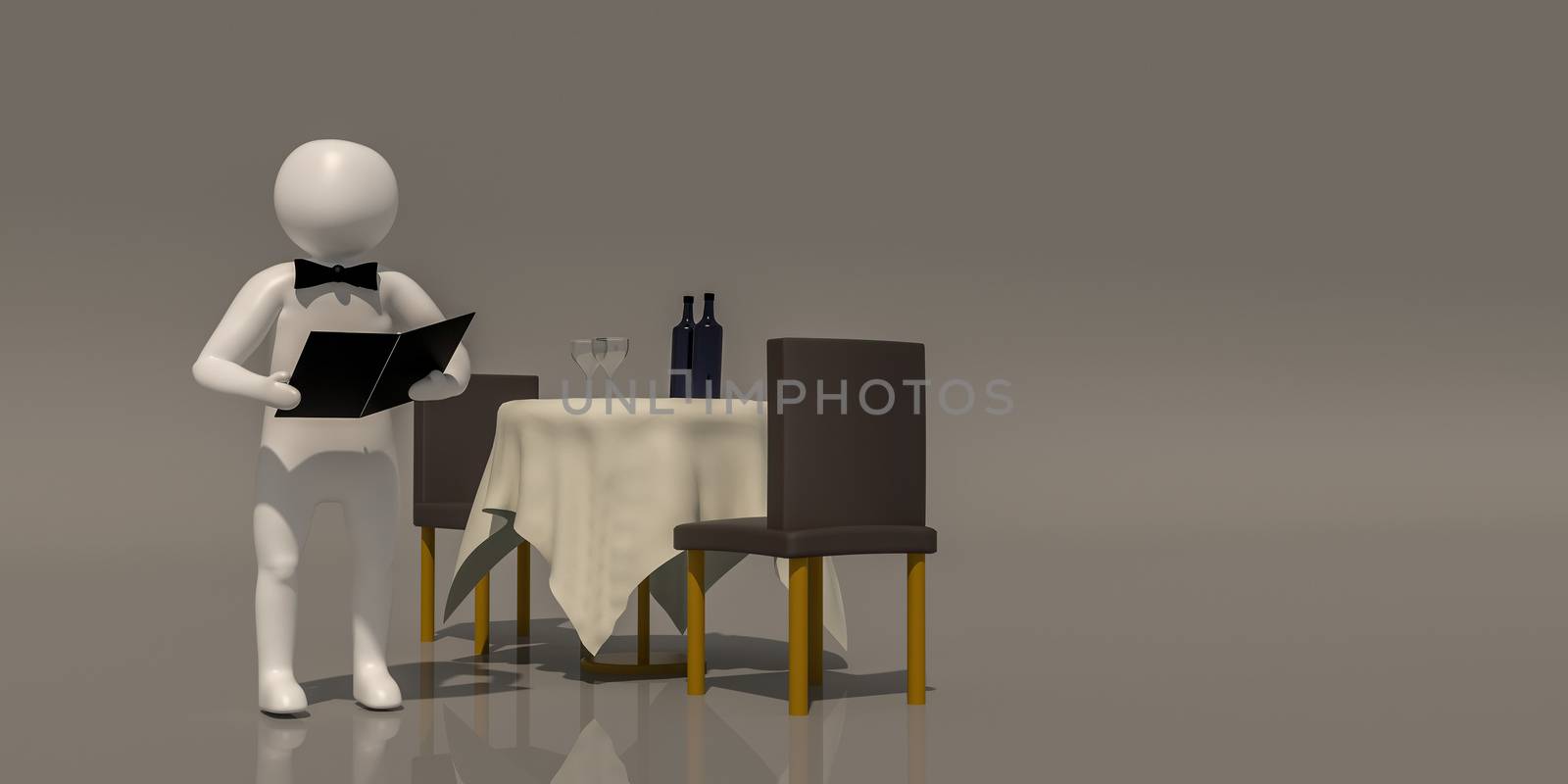 3d illustrator group of career symbols on a gray background, 3d rendering of the Waiter at restaurant. Includes a selection path.