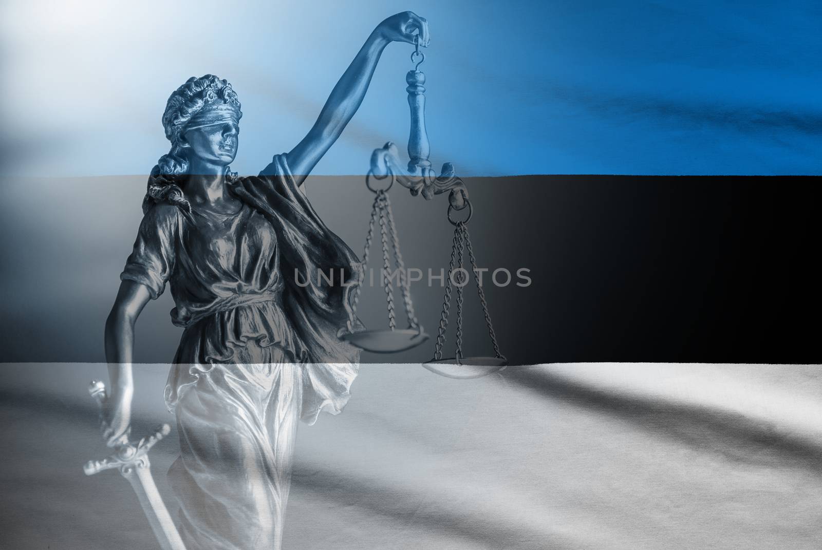Flag of Estonia superimposed over Justice holding a sword and the scales of justice in a law and order concept