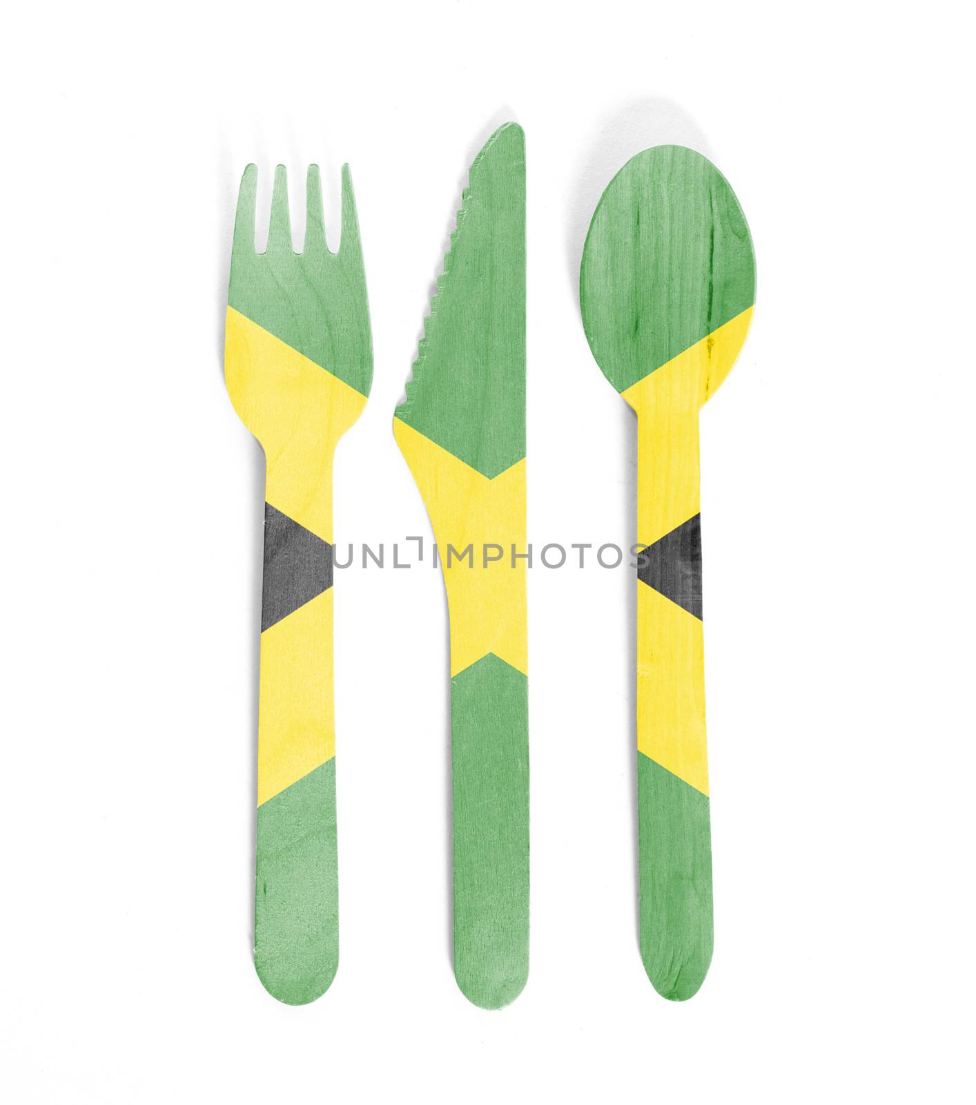Eco friendly wooden cutlery - Plastic free concept - Isolated - Flag of Jamaica