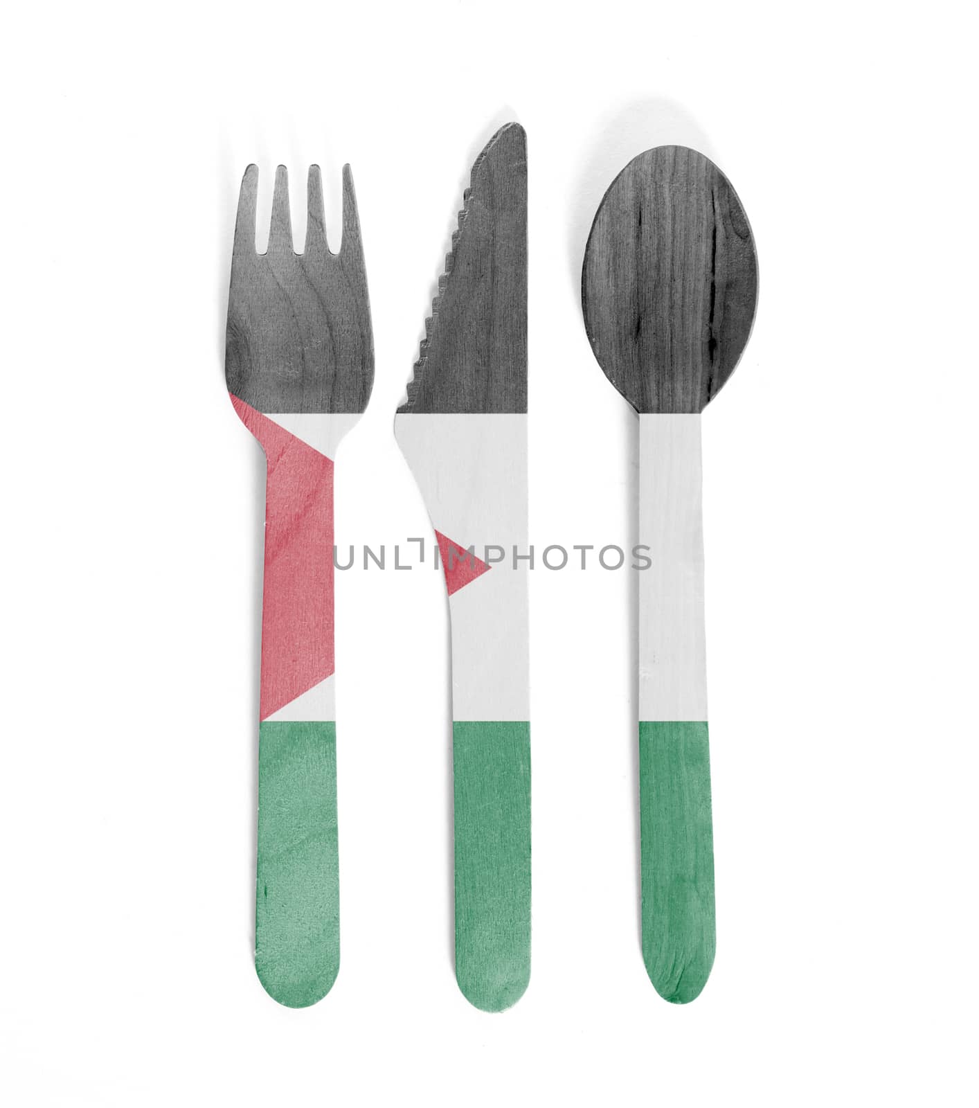 Eco friendly wooden cutlery - Plastic free concept - Isolated - Flag of Jordan