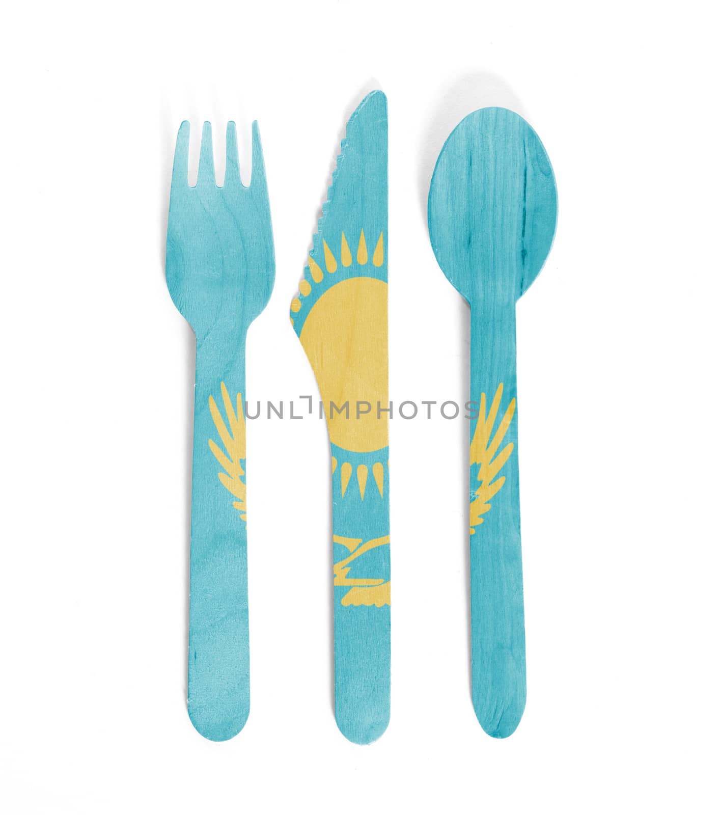 Eco friendly wooden cutlery - Plastic free concept - Isolated - Flag of Kazakhstan