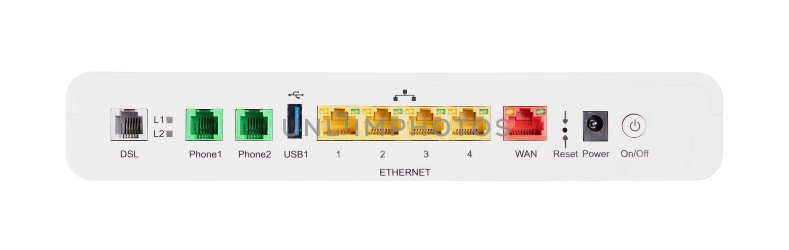 Desktop Home ADSL modem on a white background back view, selective focus