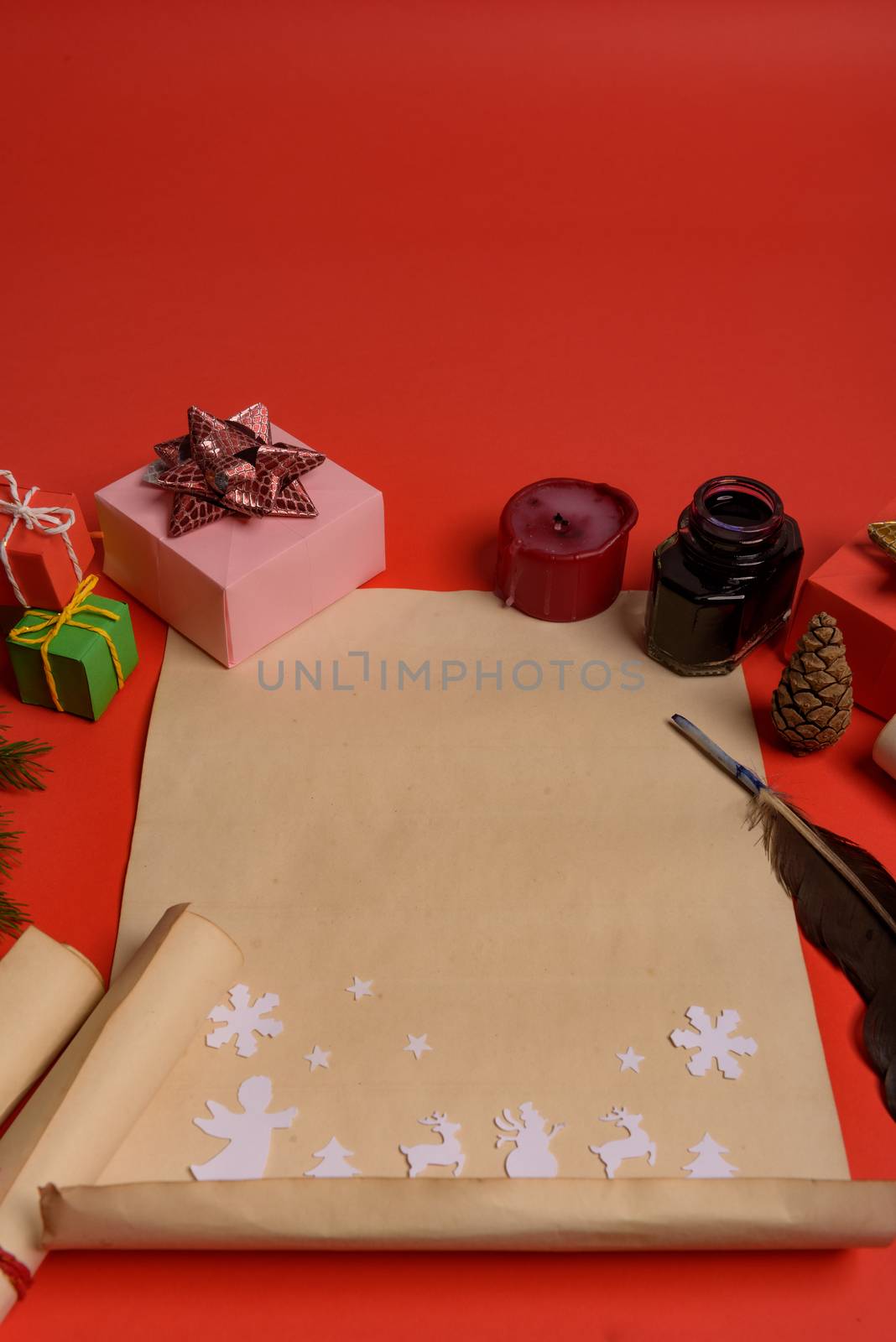 Empty letter for Santa Claus. Copy space. Red background