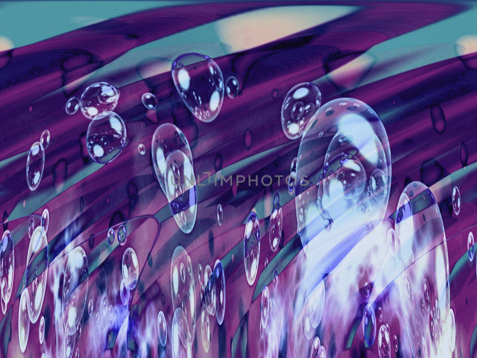 Abstract textured image of bubbles flight, on blue and purple background