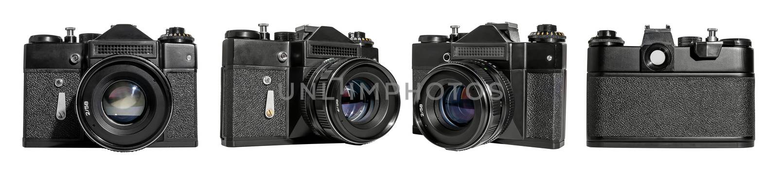 Retro camera isolated on white background three things in a row vintage antiquity  analogue