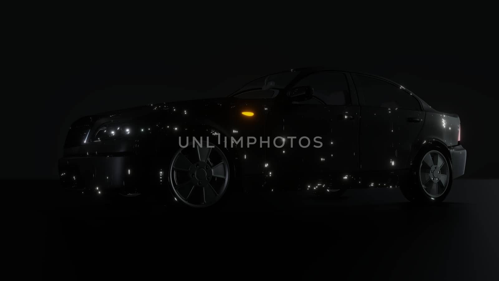 Black Brandless Car on Dark Background. 3D illustration. Futuristic car paint with bright luminous chaotic patterns