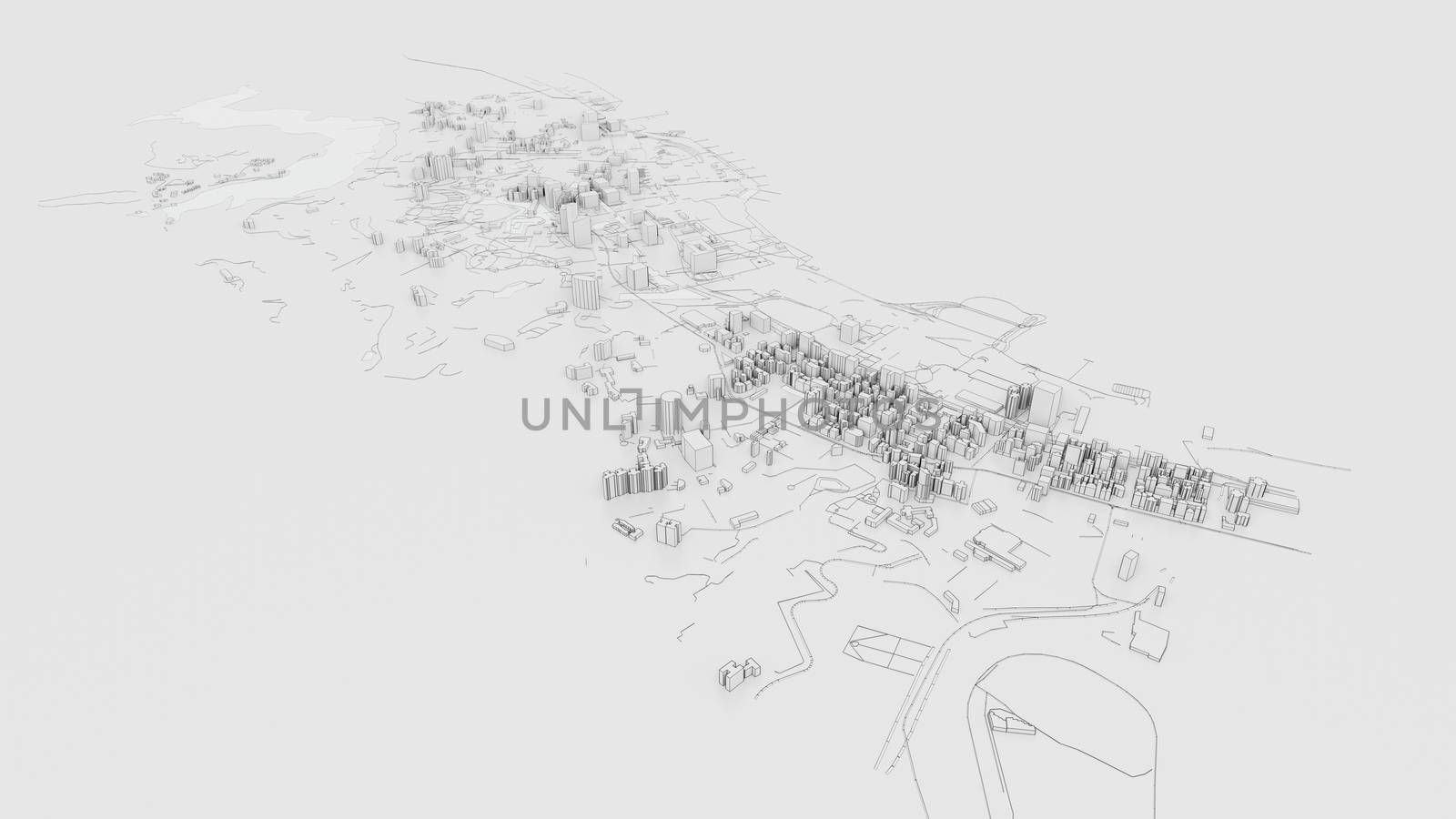 3D white city model. Outline 3D illustration. City with buildings, roads, spending and green areas. Aerial view. Construction concept