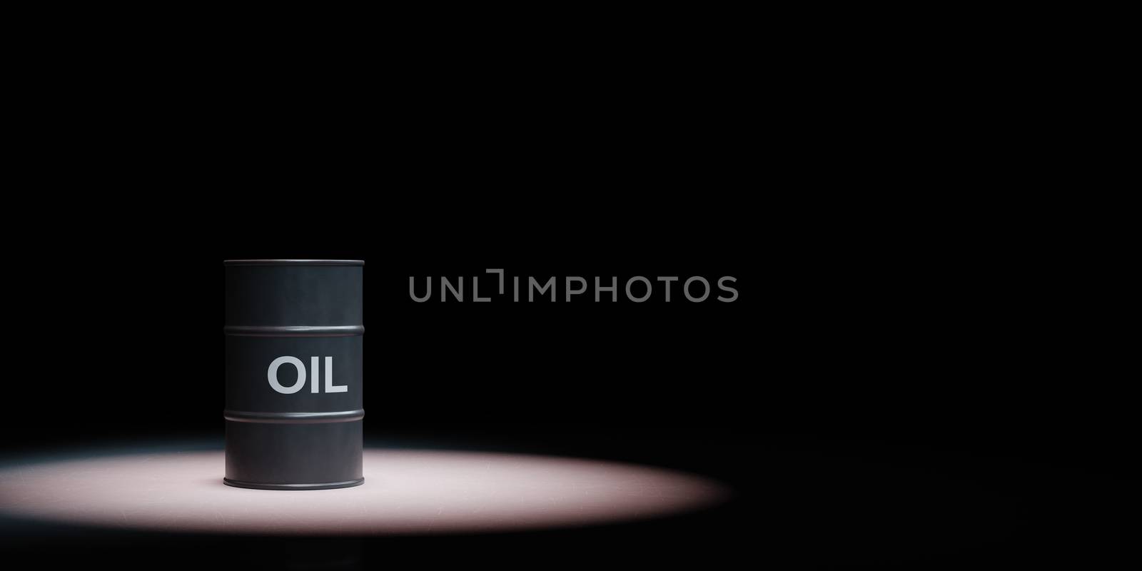 Single Black Oil Barrel Spotlighted on Black Background with Copy Space 3D Illustration