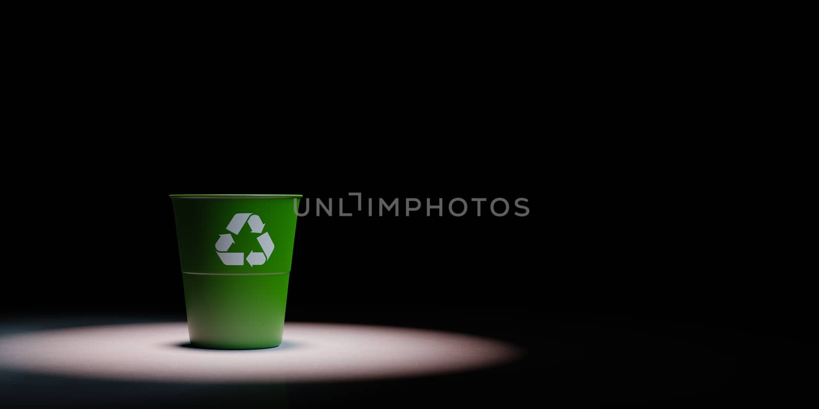 One Green Plastic Bin with Recycle Sign Spotlighted on Black Background with Copy Space 3D Illustration